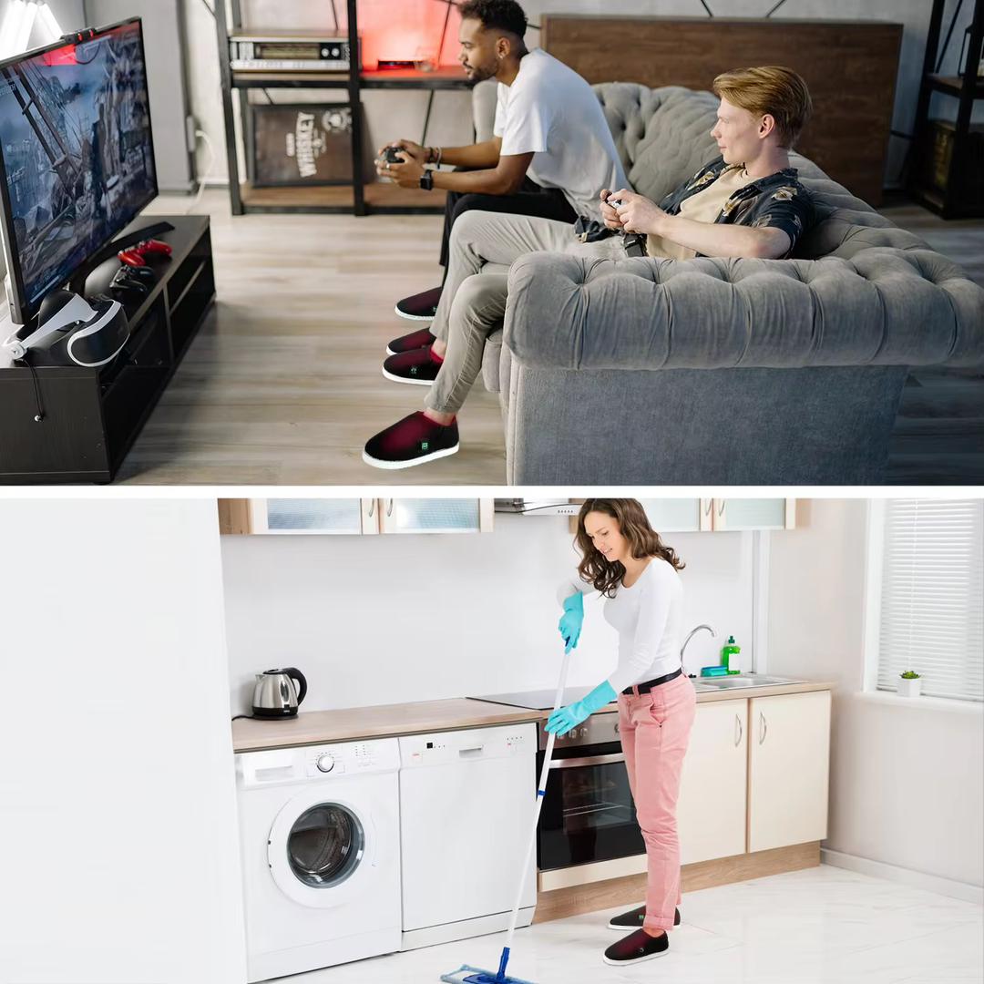 People wearing STI LED therapy slippers while gaming and doing household chores